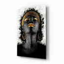 Tableau en verre - Femme africaine avec maquillage dorés et bijoux - Fond blanc